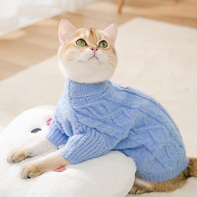 Turtleneck Dog Pullover Sweater - Dog Knitted Sweater with Buttons, Puppy Outfits Blue Winter Warm Pet Clothes Cat Apparel for Small Medium Dogs Cats (Blue, XL)