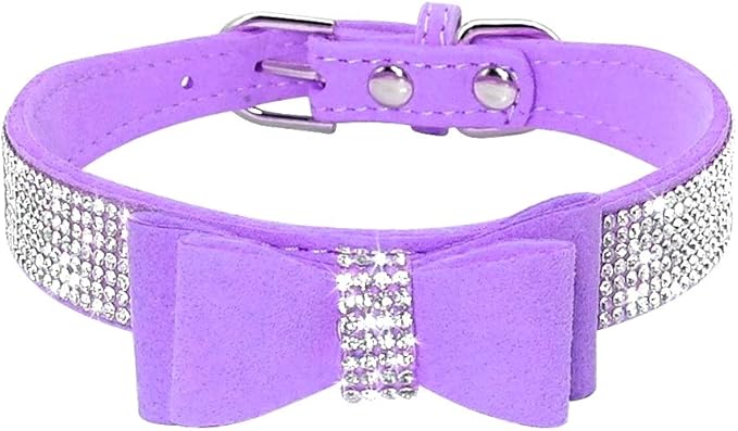Rhinestone Dog Collar, Cute Dazzling Sparkling Soft Suede Leather Dog Cat Rhinestone Collar Crystal Diamond Pet Dog Puppy Collar (S, Purple-1)