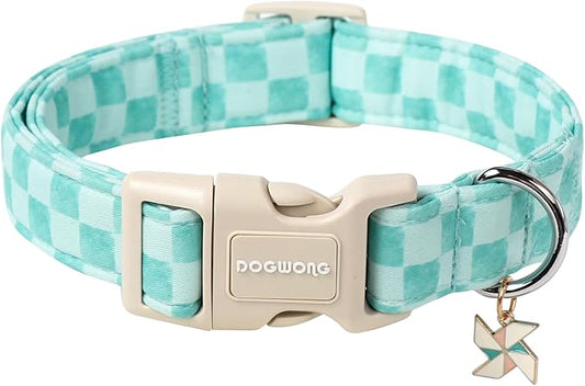 DOGWONG Green Dog Collar, Green Plaid Dog Collar Durable Checkered Pet Dog Collars Cute Summer Boy Puppy Necklace for Small Medium Large Dogs