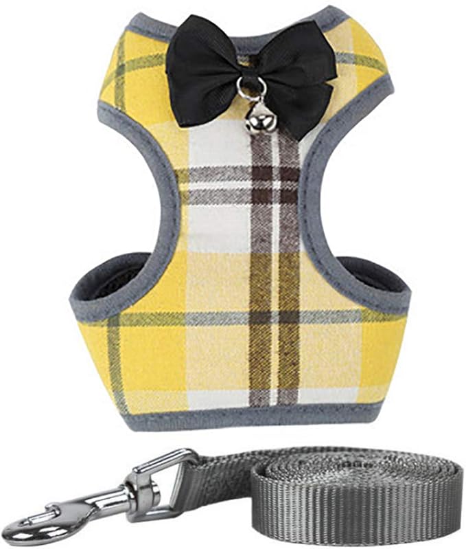 Dog Harness and Leash Set, Soft Mesh No Pull Dog Cat Harness Vest with Bowtie Bell for Small Dogs Puppy and Cats Outdoor Training and Running Classic Plaid Pattern (Small(9.0"-16.5"), Yellow Plaid)