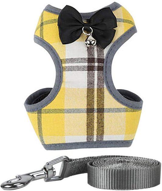 Dog Harness and Leash Set, Soft Mesh No Pull Dog Cat Harness Vest with Bowtie Bell for Small Dogs Puppy and Cats Outdoor Training and Running Classic Plaid Pattern (Small(9.0"-16.5"), Yellow Plaid)