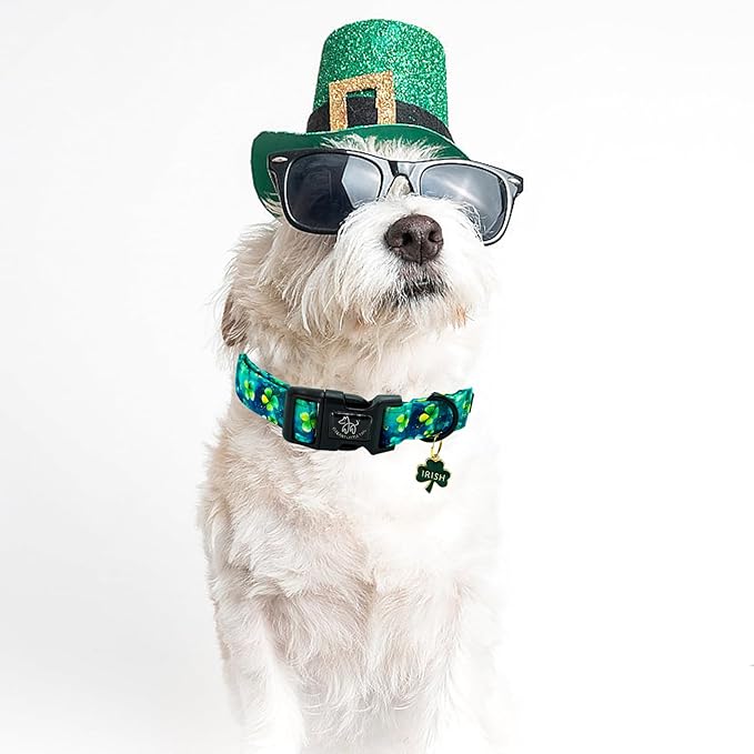 Elegant little tail St Patrick's Dog Collar-Green Cute Colver Cotton Shamrock Pet Collar Trefoil Holiday Adjustable Cotton Pet Collar with Quick Release Buckle for Small Medium Large Dogs