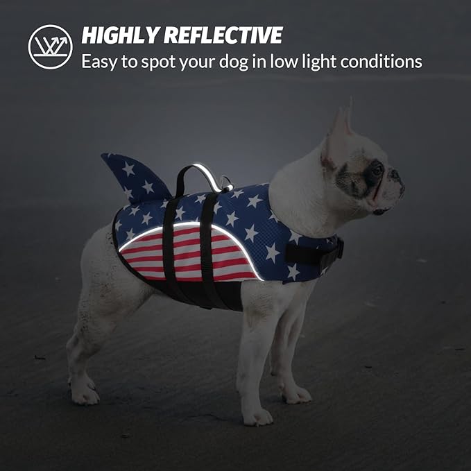 Queenmore Medium Dog Life Vest for Boating, American Flag Dog Life Vest for Swimming, Lightweight Medium Dog Life Jacket with Shark Fin/Rescue Handle/Leash Hook, M