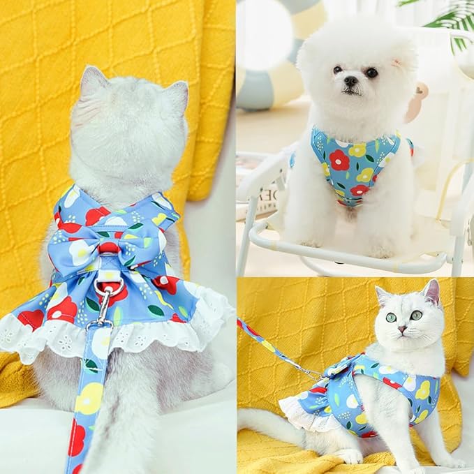 Daisy Floral Dog Harness and Leash Set - Bow Knot Girl Puppy Princess Skirt with D-Ring Mesh Summer Pet Clothes for Cat Dogs (Light Blue, X-Large)
