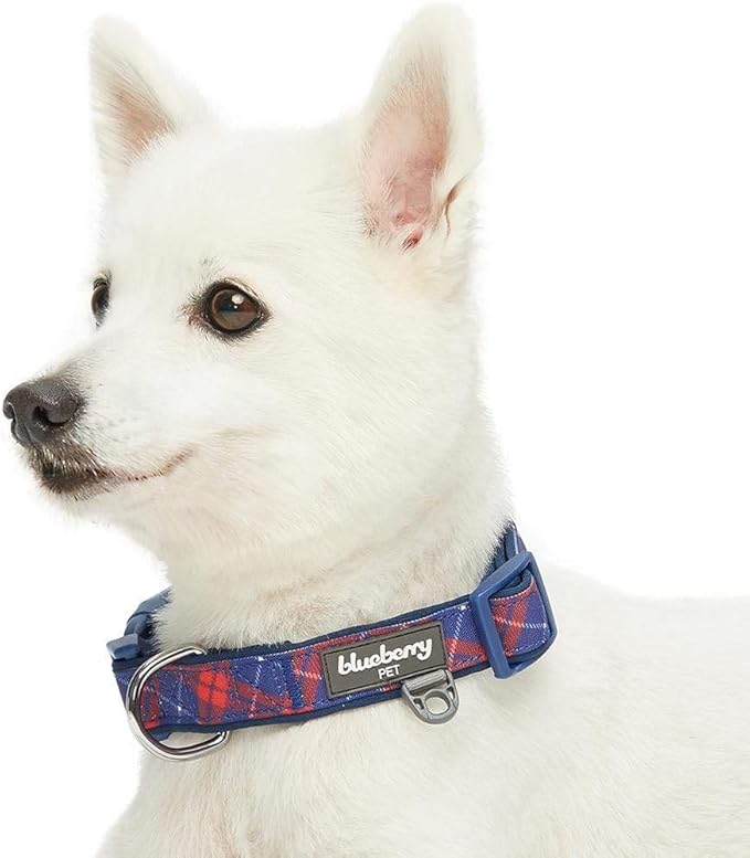 Blueberry Pet 7 Patterns Soft & Comfy Scottish Iconic Navy Blue & Red Plaid Padded Adjustable Dog Collar, Medium, Neck 14.5"-20"