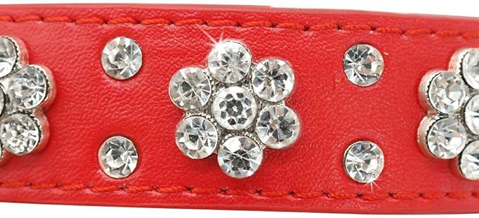 Cute Flower Rhinestone Dog Collar, Bling Collar PU Leather Adjustable Sizes Small Medium Large (Red)