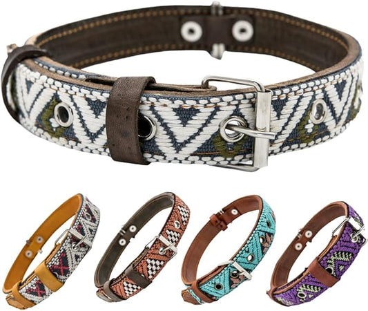 Western Dog Collar - Leather Embroidered Design for Small Medium Large Dogs & Puppy Pets - Aztec Southwest for Boy Girl Female & Male Dogs - Collar para Perros Beaded (Medium, Ceramic Cello)