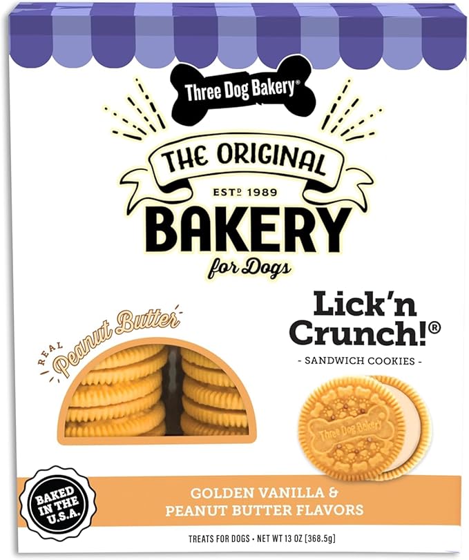 Three Dog Bakery Classic Cremes Baked Dog Treats, Golden with Peanut Butter Filling, 13 oz,Brown,310077