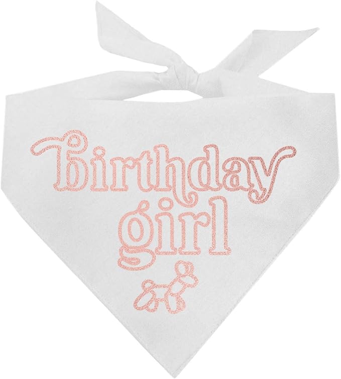 Birthday Girl Metallic Printed Dog Bandana | 100% Cotton Adjustable Triangle | Birthday Pawty | Party Theme | Celebration Supplies | Photoshoot Prop |White, Rose Foil (1329)