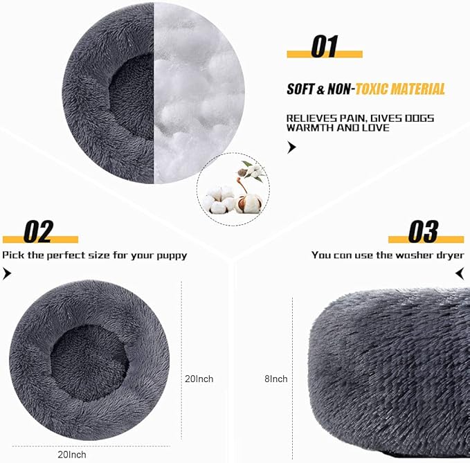 Dog Calming Beds for Small Medium Large Dogs - Round Donut Washable Puppy Dog Bed, Anti-Slip Faux Fur Fluffy Donut Cuddle Anxiety Cat Pet Bed(20" Dark Grey)
