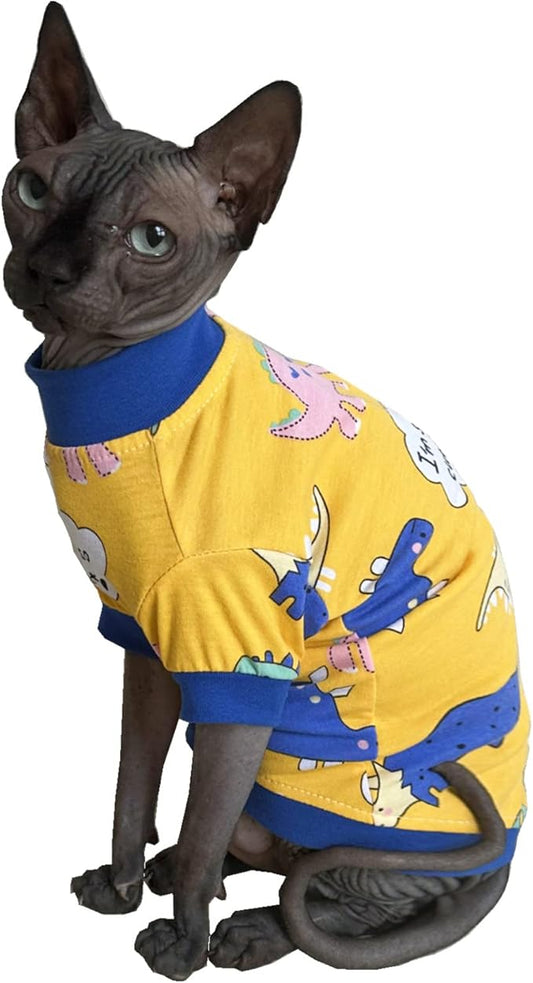 Sphynx Hairless Cat Cute Summer Cotton T-Shirts Pet Clothes,Round Collar Kitten Shirts Cats Apparel (Dinosaur, S (3.3-4.4 lbs))