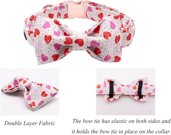 Lionet Paws Valentines Day Dog Collar with Bowtie, Dog Bowtie Collar with Metal Buckle for Dogs, Adjustable Comfortable Dog Collar Girl Boy Gift, M, Neck 13.5-22 in
