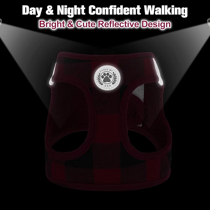 BEAUTYZOO Small Dog Harness and Leash Set,Step in No Choke No Pull Soft Mesh Dog Harnesses Reflective for Extra-Small/Small Medium Puppy Dogs and Cats, Plaid Dog Vest Harness for XS S Pets, Red M