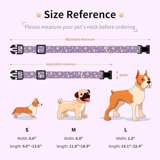 Cotton Dog Collar,Adjustable Cute Puppy Collar with Moon Patterned Design for Small Medium Large Dogs,Soft and Fancy Pet Collar with Safety Buckle for Girl Boy Dogs (Purple Moon, S)