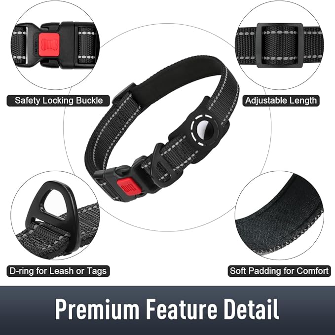 Airtag Dog Collar with AirTag Holder for Large Dogs, Reflective, Soft Padded & Safety Locking Buckle, Nylon Pet Collars Adjustable for All Breeds, Black,XL