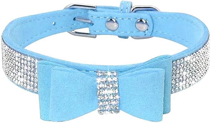 Rhinestone Dog Collar, Cute Dazzling Sparkling Soft Suede Leather Dog Cat Rhinestone Collar Crystal Diamond Pet Dog Puppy Collar (S, Blue-1)