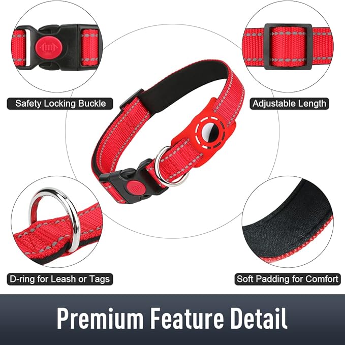 Airtag Dog Collar with AirTag Holder for Medium Dogs, Reflective, Soft Padded & Safety Locking Buckle, Nylon Pet Collars Adjustable for All Breeds, Red,M