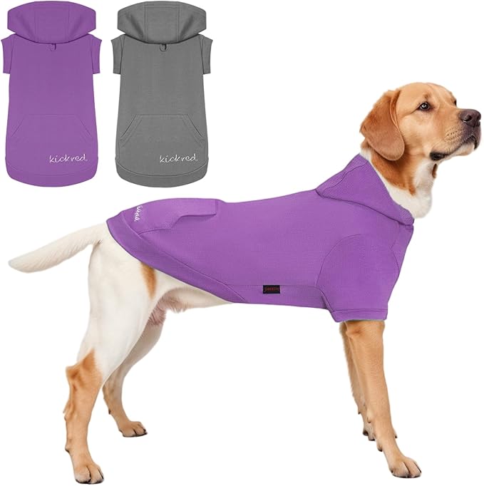 2 Pieces Basic Cotton Dog Hoodie Sweater, Soft Pet Clothes Dog Sweatshirts, Dog Outfit Coat Pullover with Pocket and Leash Hole for Small Medium Large Dogs, Dark Grey & Purple/Sleeved (Medium)