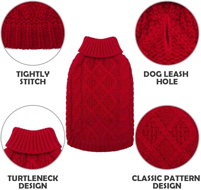 Mihachi Turtleneck Dog Sweater - Winter Coat Apparel Classic Cable Knit Clothes with Leash Hole for Cold Weather, Ideal Gift for Pet in New Year