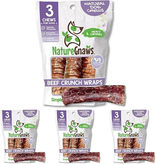 Nature Gnaws Beef Trachea Crunch Wraps for Dogs (3 Count) - Long Lasting Natural Beef Jerky Dog Chew Bones - Rawhide Free (Pack of 4)