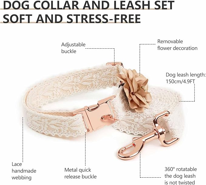 Lace Dog Collar Set Soft and Easy to Clean Handmade Embroidered Dog Collar with Leash for Medium Dogs Cute Dog Flower Girl Wedding Collar with Bow for Small Medium Large Dogs (White,M)