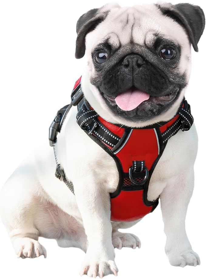 PHOEPET No Pull Dog Harness Medium Reflective Front Clip Vest with Handle,Adjustable 2 Metal Rings 3 Buckles[Easy to Put on & Take Off](M, Red)