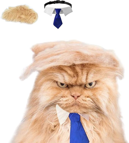 Pet Cat/Dog Blonde Wig with Tie - Iconic and Playful Toupee Hat, Cosplay Dress Up Clothing Costume Halloween Accessories (BlueTie, L)