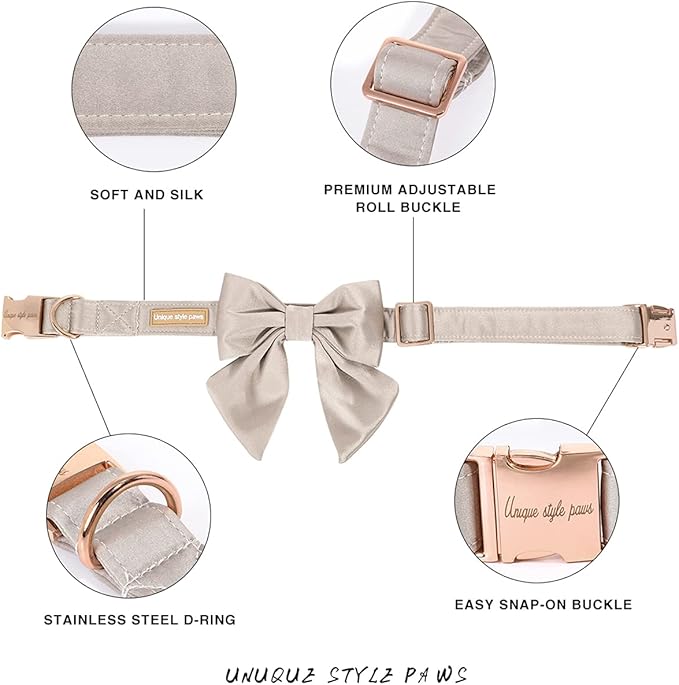 Unique Style Paws Silk Champagne Color Adjustable Wedding Bow Tie Collar for X-Large Dogs