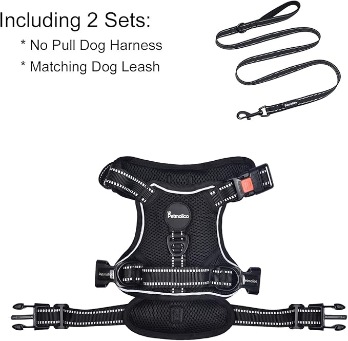 Petmolico No Pull Dog Harness and Leash Set, No Choke 4 Leash Attchments Easy Control Handle Soft Padded Reflective Vest Dog Harness for Medium Dog Breed, Black Medium