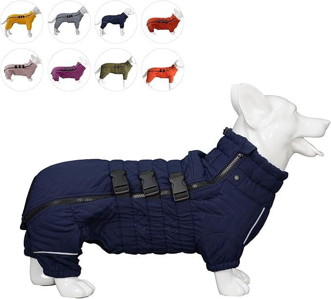 Lovelonglong Warm Dog Coat Double Layers Vest, 4 Legs Covered Windproof Waterproof Reflective Outdoor Skating Costume for Corgis Dachshund Navyblue D-L