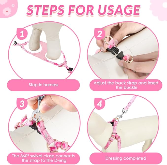 SlowTon No Pull Dog Harness with Leash - Soft Lightweight Floral Pattern Puppy Harness, Adjustable Pet Harness for Small Medium Dogs (Strawberry S)