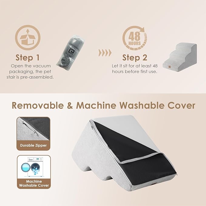 EHEYCIGA Curved Dog Stairs Ramp for Small Dogs 15.7" H, 3-Step Dog Steps for Couch Sofa and Chair, Pet Stairs for Cats, Non-Slip Balanced Pet Steps Indoor, Light Grey