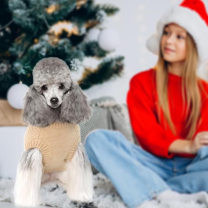 Fleece Beige Dog Sweater - Knitwear Warm Pet Clothes Classic Cable Knit Dog Sweater Cat Apparel Puppy Outfits for Small Medium Dogs Cats Boy Girl Pet (Large)