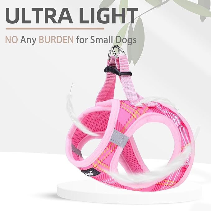 PUPTECK Dog Harness and Leash Set for Small Medium Dogs No Pull Step-in Soft Mesh Puppy Cat Vest Harnesses Reflective at Night, Plaid Pattern Pink M