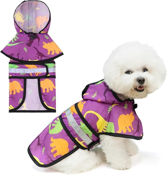 KOOLTAIL Dog Raincoat Hooded Slicker Poncho with Leash Hole, Raincoat for Small Medium Dogs, Waterproof Doggie Rain Jacket with Reflective Strip, Adjustable Breathable Puppy Rainwear-Dinosaur Cartoon