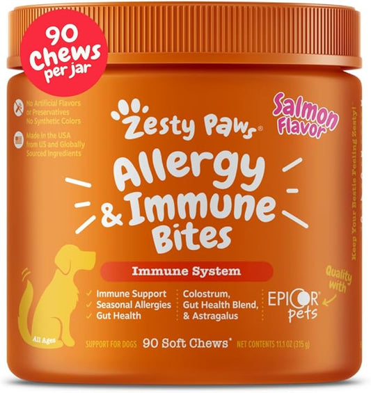 Zesty Paws Dog Allergy Relief- Dog Itching Skin Relief- Dog Probiotics for Itchy Skin and Itchy Ears- Dog Allergy Paw Relief- Dog Allergy Chews- Dog Itch Relief- Dog Skin Allergy Relief- Salmon- 90ct