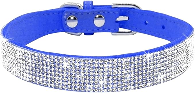 Rhinestone Dog Collar, Cute Dazzling Sparkling Soft Suede Leather Dog Cat Rhinestone Collar Crystal Diamond Pet Dog Puppy Collar (S, Dark Blue)