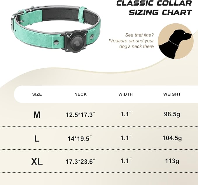 AirTag Dog Collar - Leather Dog Collar with Air Tag Holder | IPX8 Waterproof, Reflective, High - End, Adjustable Soft Padded | Dog GPS Tracker Collars Fit for Medium Large Dogs (Teal, XL)