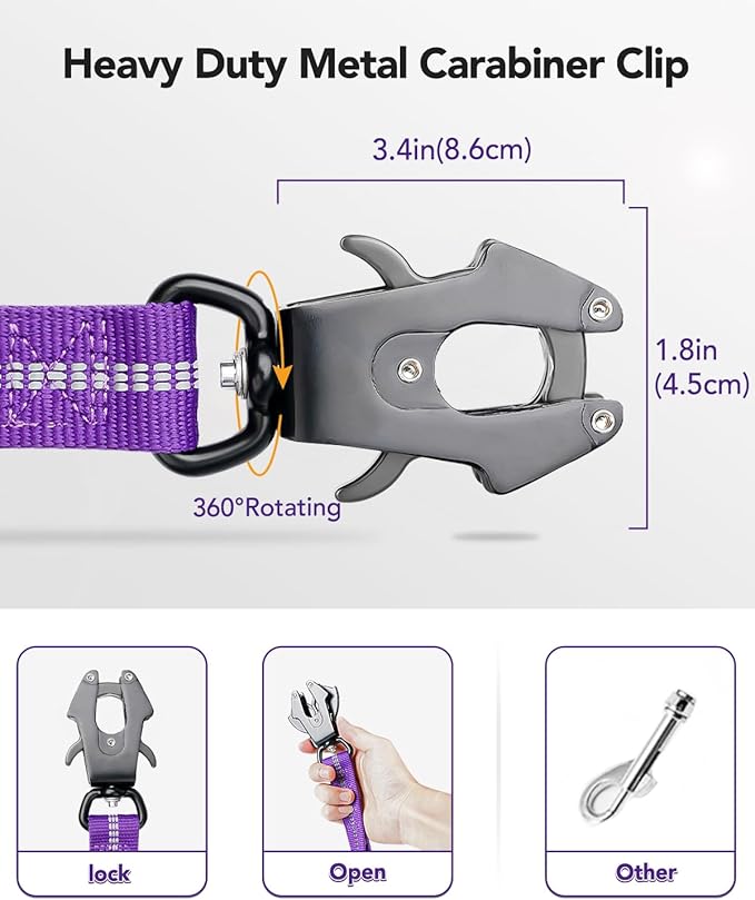 Joytale Tactical Dog Leash Heavy Duty, 4-6FT Shock Absorbing Bungee Lead with 2 Padded Handle, Metal Carabiner Clip, Car Seatbelt, Strong No Pull Leash for Medium Large X-Large Dogs, Purple