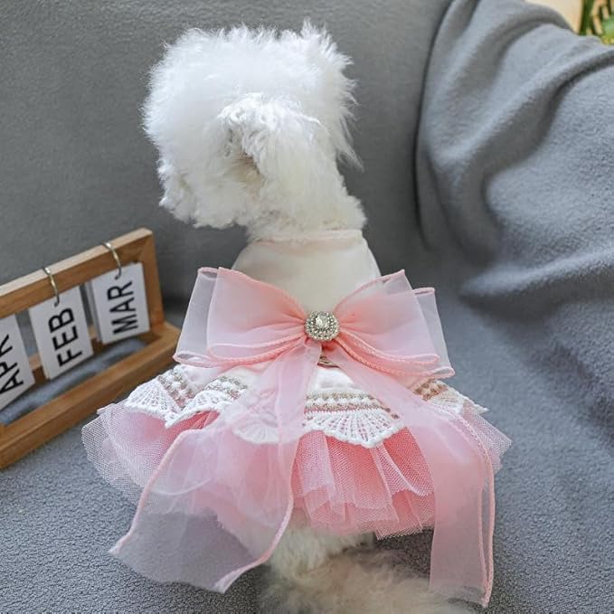 Pink Bow Tie Dog Dress for Small Dogs Girl Puppy Clothes with D-Ring Holiday Cat Harness Dresses Pet Party Outfit for Wedding Birthday Engagement Valentines (Pink Bow, Medium)