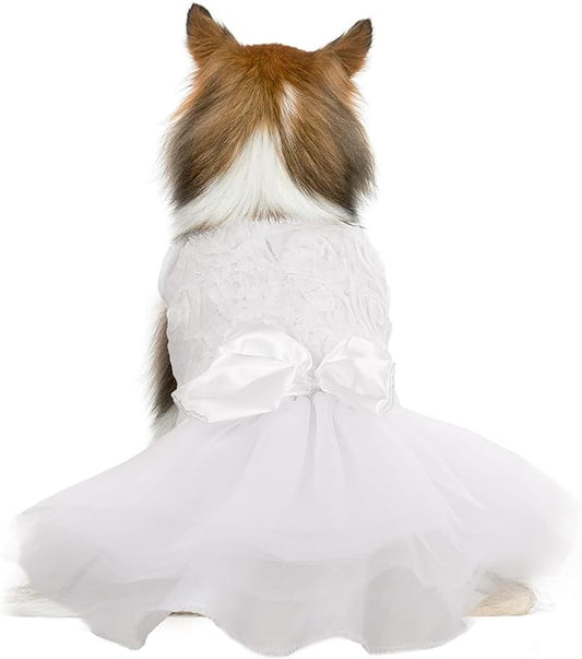 QBLEEV Dog Dress - White Lace Tutu Skirt for Small Dogs, Wedding Attire, Sweet Princess Dress with Bowknot, Puppy Bride Halloween Costume Summer Apparel Formal Clothes for Wedding Party Holiday, S