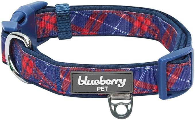 Blueberry Pet 7 Patterns Soft & Comfy Scottish Iconic Navy Blue & Red Plaid Padded Adjustable Dog Collar, Medium, Neck 14.5"-20"