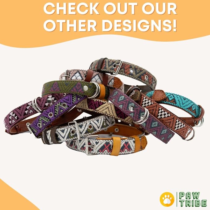 Western Dog Collar - Leather Embroidered Design for Small Medium Large Dogs & Puppy Pets - Aztec Southwest for Boy Girl Female & Male Dogs - Collar para Perros Beaded (Large, Camelot)
