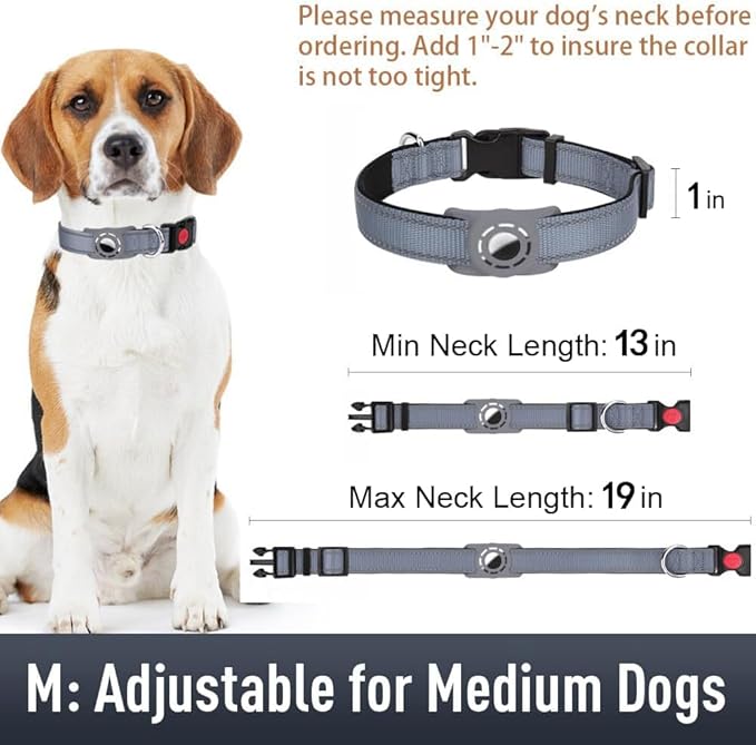 Airtag Dog Collar with AirTag Holder for Medium Dogs, Reflective, Soft Padded & Safety Locking Buckle, Nylon Pet Collars Adjustable for All Breeds, Grey,M