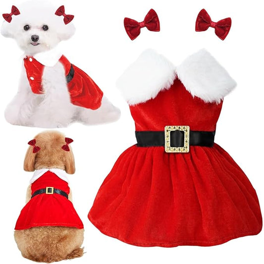 Dog Christmas Red Velvet Dress Cute Puppy Xmas Outfits Santa Claus Cat Skirt with 2 Bow Accessories Thermal Winter Warm Dog Clothes Coat Holiday Costumes(X-Large)