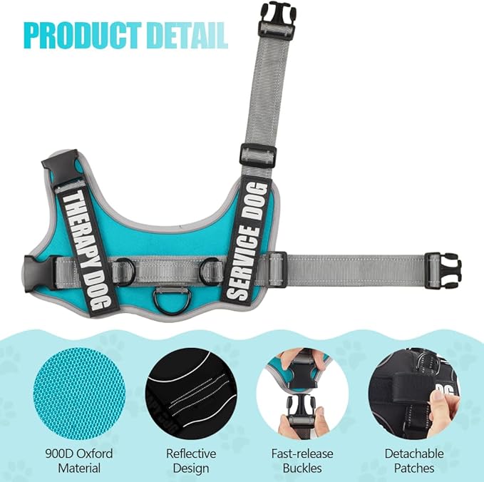 Dog Vest Harness and Leash Set, Animire Reflective Service Dog Vest in Training Dog Harness with 10 Patches, 3 Rings Emotional Support Therapy Dog Harness for Small Medium Large Dogs(Teal,S)