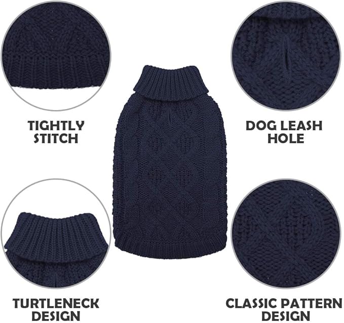 Mihachi Turtleneck Dog Sweater - Winter Coat Apparel Classic Cable Knit Clothes with Leash Hole for Cold Weather, Ideal Gift for Pet in New Year X-Small