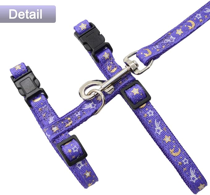 Cat Harness and Leash Set for Outdoor Walking Escape Proof Adjustable Soft Safety Strap with Golden Star and Moon Design Glow in The Dark Purple