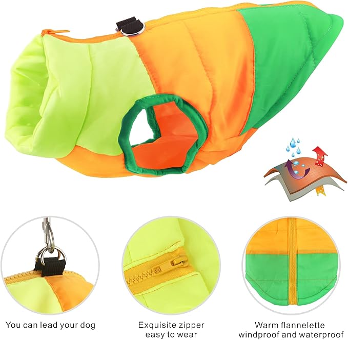 Idepet Pet Dog Cat Coat with Leash Anchor Color Patchwork Padded Puppy Vest Jacket Teddy Chihuahua Costumes Pug Cloth XS S M L (X-Large, Green)