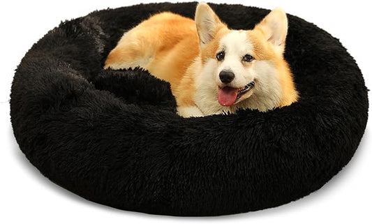 Dog Calming Beds for Small Medium Large Dogs - Round Donut Washable Puppy Dog Bed, Anti-Slip Faux Fur Fluffy Donut Cuddle Anxiety Cat Pet Bed(28'' Black)